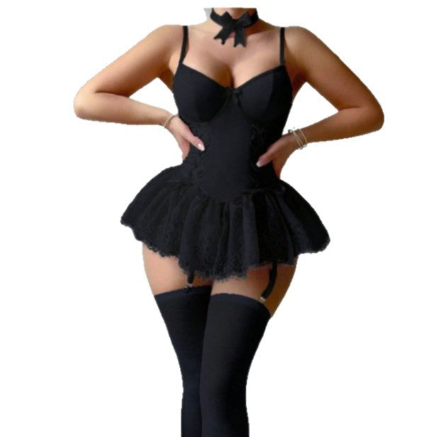 Lace Trim Sexy Lingerie Set Women's Lace Mesh Bodysuit Sleepwear