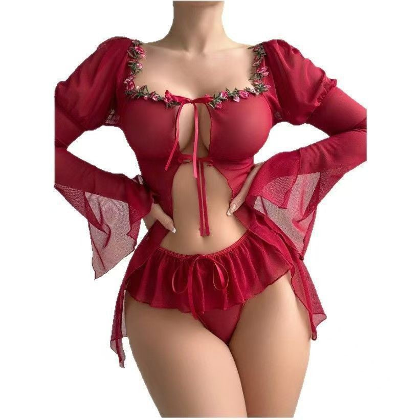 Strap Sleep Dress Erotic Lingerie Sleepwear Embroidered Design