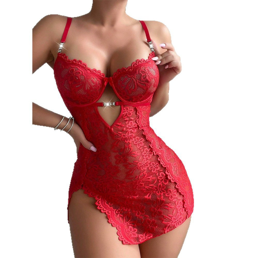 Women's Sexy Embroidered Lace Sheer Babydoll & Thong Lingerie Set