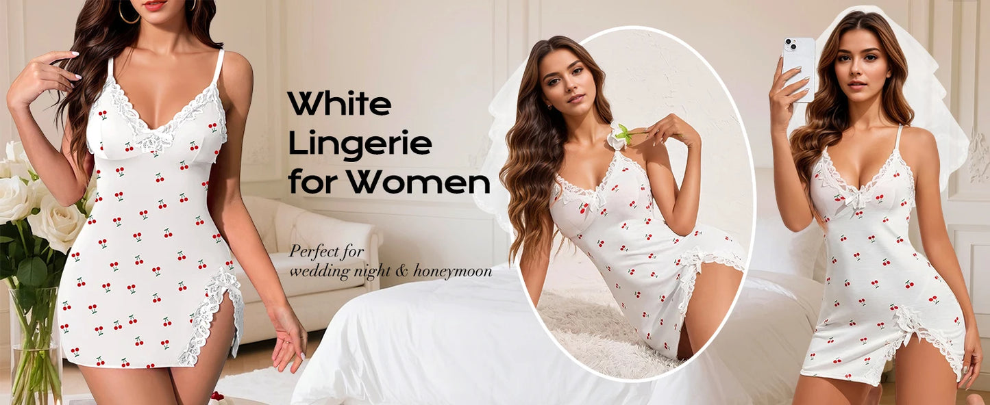 Women's Sexy Lace Trim Chemise Nightgown – V-Neck Babydoll with Side Slit