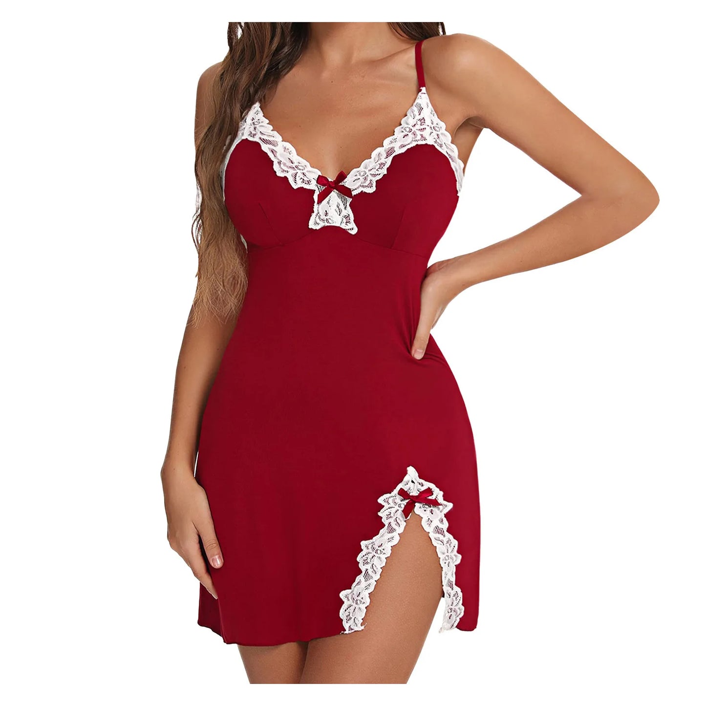 Women's Sexy Lace Trim Chemise Nightgown – V-Neck Babydoll with Side Slit