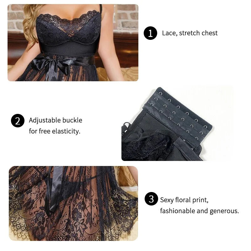 Women's Sexy Lace Babydoll Chemise Nightgown with G-String