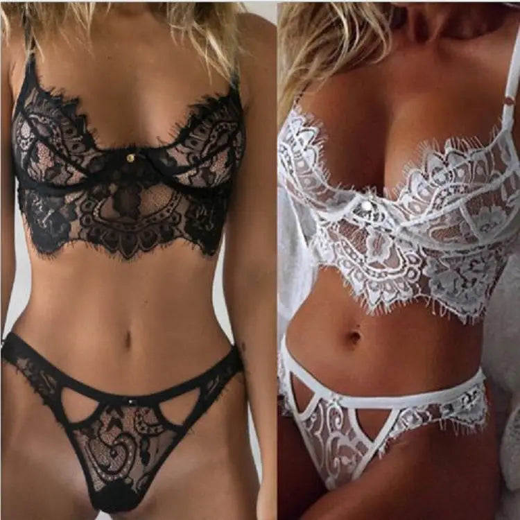 Women's Plus Size Sheer Lace Lingerie Set – Bra, Panty & Thong