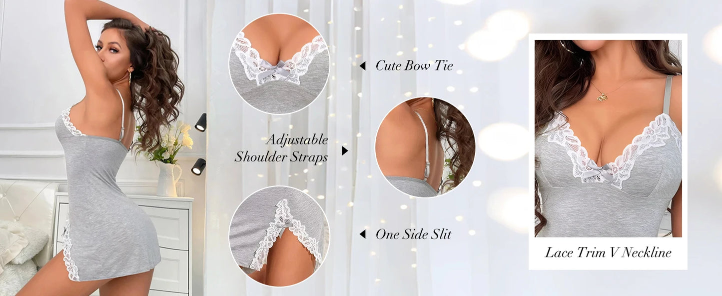 Women's Sexy Lace Trim Chemise Nightgown – V-Neck Babydoll with Side Slit