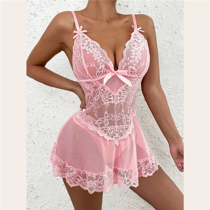 Sheer Lace Babydoll & Bodysuit Set