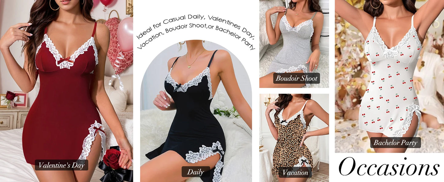 Women's Sexy Lace Trim Chemise Nightgown – V-Neck Babydoll with Side Slit
